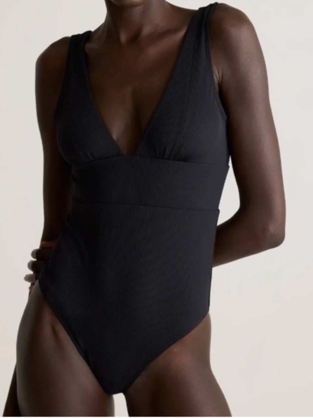 NWT QUINCE Ribbed One Piece Swimsuit Large Black 9986